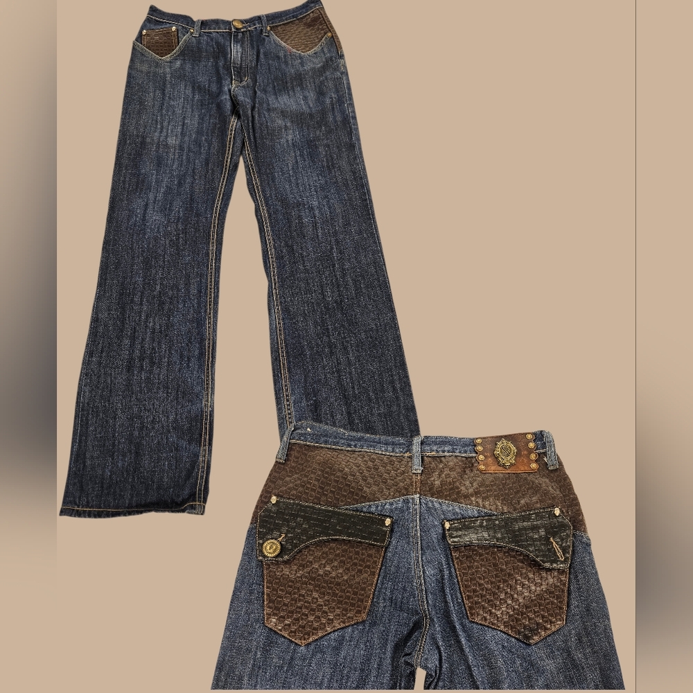 Japanese Dark Blue Denim Vintage Kanji Jeans with Brown Leather Accents 32 x 34